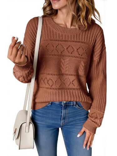 Yousify Womens Long Sleeve Sweaters Casual Crewneck Cable Knit Crochet Loose Fit Fall Pullover Tops