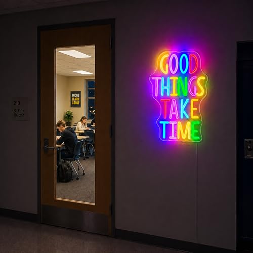 Image of Neon Sign, Good Tings Take Time Neon Signs for Wall Decor - Dimmable Motivational LED Signs for Bedroom, Living room, Offices, Home Decor - USB Powered Light Up Sign Decorations Gift