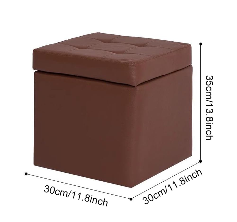 Otomana Cuadrada de Almacenamiento de Piel sintética marrón de 30x30x35 cm, Taburete reposapiés tapizado con Tapa abatible y Asiento Acolchado de Espuma Gruesa para soluc