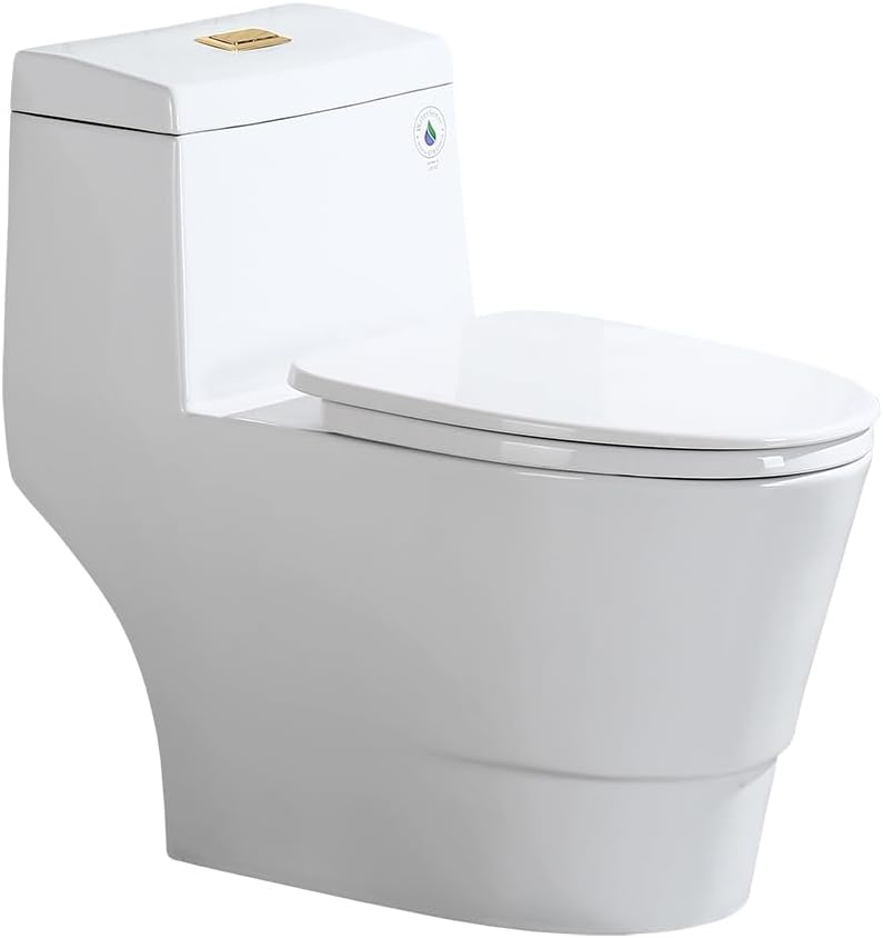 WOODBRIDGEE One Piece Toilet with Soft Closing Seat, Chair Height, 1.28 GPF Dual, Water Sensed, 1000 Gram MaP Flushing Score Toilet with Brushed Gold Button T0001-BG, White
