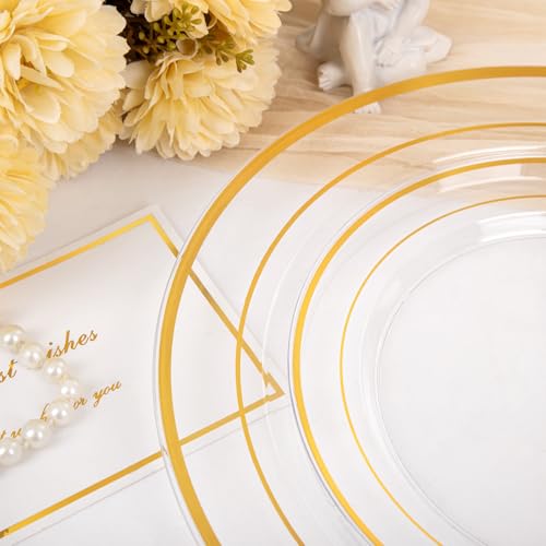 Image of I00000 200 Pcs Clear Gold Plastic Plates - Disposable Party Plates, Gold Plate Disposable Include 100 Dinner Plate and 100 Dessert Plate, Plastic Plate for Party, Holiday, Wedding & Birthday