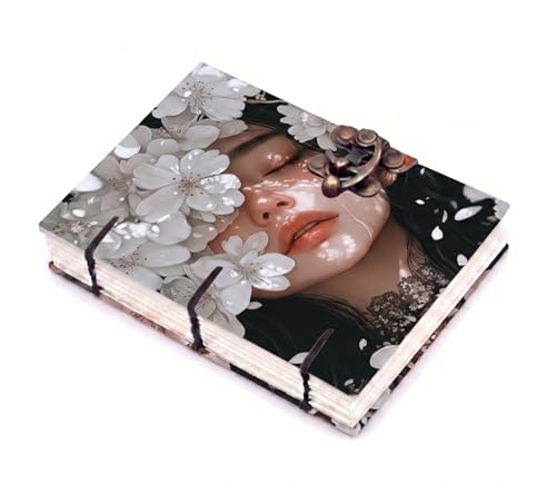Image of Elegant Floral Portrait Personal Journal - A5 Handmade Aesthetic Diary with Antique Metal Lock, 200 Unruled Pages, Hardcover Hand-Stitched Notebook for Creative Writing & Art (White Flower Design)