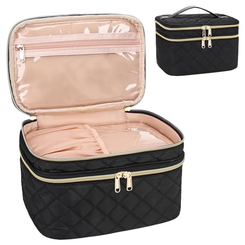 Relavel Makeup Bag, Large Capacity Makeup Bag Organizer Travel Cosmetic Bag for Women, 2-Layer Make up Train Case with Dividers, Portable Toiletry Storage Organizer for Accessories, Black