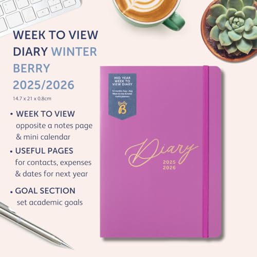 Busy B Agenda settimanale formato A5, agenda accademica di metà anno, agosto '25, agosto '26, copertina con bacche invernali, layout settimanale di fronte a una pagina per appunti, obiettivi, spese - immagine 3