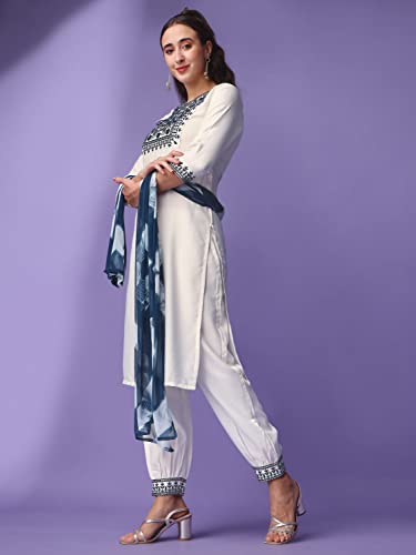 Image of Naixa Women's OffWhite Viscose Rayon Embroidered Straight Kurta with Pant and Printed Dupatta Set