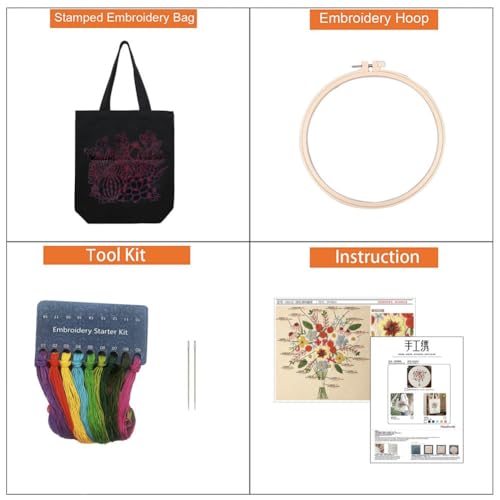 Image of KABAKE Canvas Tote Bag Embroidery Kit for Beginners, Arts and DIY Crafts Starter Kit, Includes Stamped Bag, Threads, Tools (Beige With Cactus)