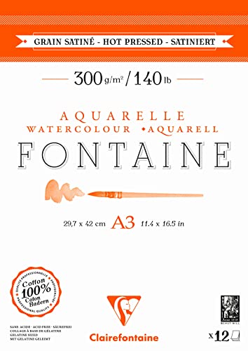 Clairefontaine 975951C, Fontaine 2-Sided Glued Pad, 12 Sheets of 100% Cotton White Watercolour Paper, Satin Finish