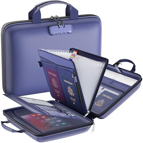 Fireproof File Organizer with Lock, Hard-Shell Case Fireproof Document Box with 13 Pockets Accordion File Folder, Important Document Organizer for Letter A4 Files Laptop Passports (Blue)