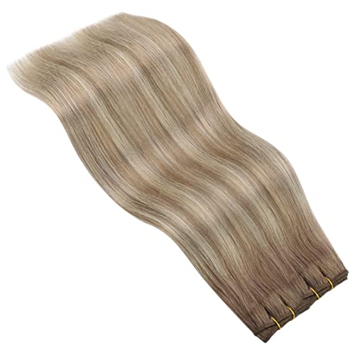 YoungSee 24inch Wefts Sew in Human Hair Extensions Balayage Ombre Human Hair Weft Bundles Medium Brown Fading to Platinum Blonde with Brown 100G/Set