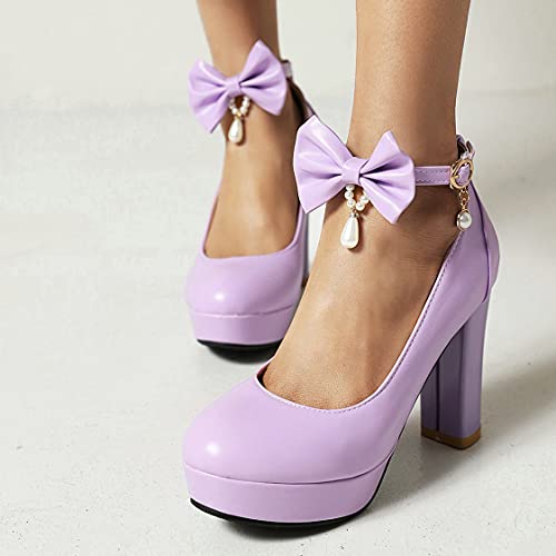 BEAUPAS Women's Platform High Heels Ankle Strap Chunky Heel Pumps Bows Buckle Cute Shoes3