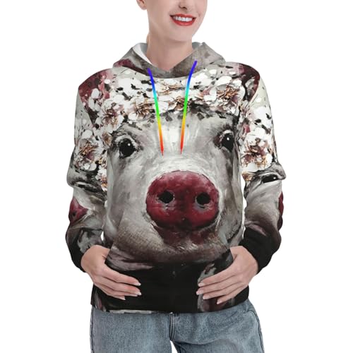 Sweat à capuche femme imprimé cochon fleur EdWal - Pull ajusté quotidien avec poche kangourou
