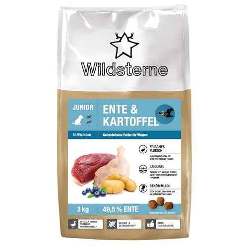Wildsterne Ente & Kartoffel Junior 3 kg| Getreidefreies Trockenfutter | Monoprotein | von Tierärzten entwickelt