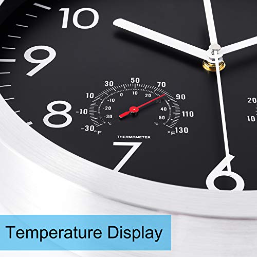 Woophen 12 Inch Silent Non Ticking Wall Clock Sweep Movement Silver Aluminum Frame Glass Cover, For Office, Home, Bathroom, Kitchen, Bedroom, School, Living Room (Black) #TOP2