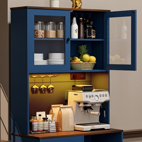 Image of 71''Kitchen Pantry Storage Cabinet with LED Lights and Power Outlet, Tall Farmhouse Kitchen Hutch with Microwave Stand,Globet Hooks and Adjustable Shelf for Dining Living Room,Blue