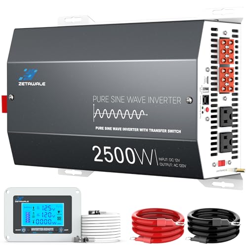 2500 Watt Pure Sine Wave Inverter with Auto Transfer Switch,12V DC to 110V 120V AC Converter,5000W Peak Power with 2 AC Outlets,USB Port,Tyep-C,Remote Control,RV Power Inverter for RV,Outdoor,Home