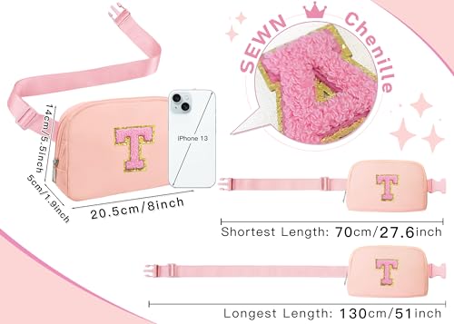 Image of COSHAYSOO Valentines Birthday Initial Gifts for Teen Girls 5 6 7 8 9 10 11 12 13 14 Year Old Pink Fanny Pack for Girls Belt Bag Crossbody Travel Purse Unique Trendy Girly Stuff Chenille Letter T