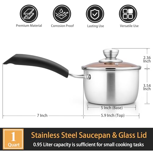 P&P CHEF 1 Quart Saucepan, Stainless Steel Saucepan with Lid, Small Sauce Pan for Home Kitchen Restaurant Cooking, Easy Clean and Dishwasher Safe - Image 3