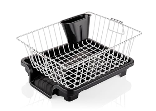 Image of Dish Drying Rack for Kitchen Counter, Stainless Steel, with Silverware and Utensil Holder, Sink Organisation, Black (Silver)