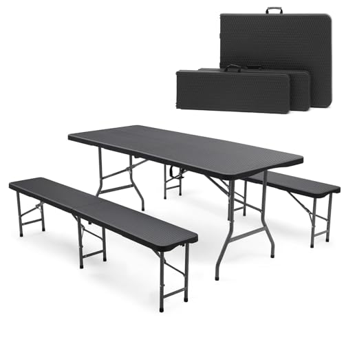 Sekey Bierzeltgarnitur Klappbar, Kunststoff Biertischgarnitur 180cm, 3-teilig Set Tisch + 2 x Bierbank mit Tragegriffe, Gartenmöbel Set für drinnen draußen, Festzeltgarnitur Rattan-Optik (Schwarz)