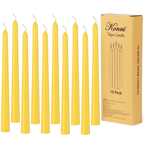 KONNI 0.8710 Inch Yellow Taper Candles Unscented and Smokeless Tall Candlesticks 10 Pack Tapered Candles with Cotton Wicks Long Burning Ideal for Weddings Dinner Parties and Home Dcor