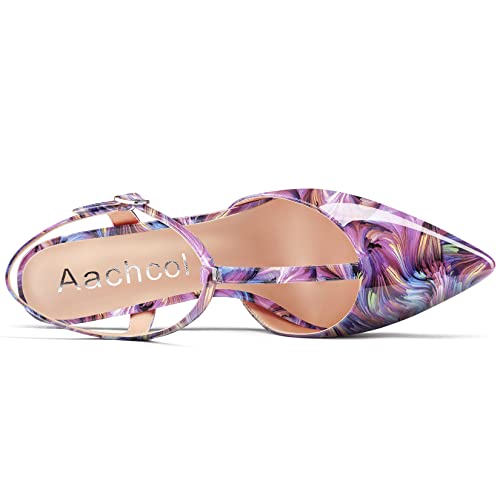 Aachcol Women Low Kitten Heel Pumps T-Strap Ankle Strap Pointed Toe Slingback Dress Shoes Office Party Wedding Patent 1 Inch4