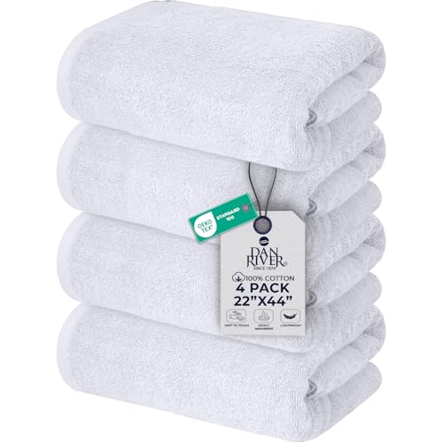DAN RIVER 4 Pack Cotton Bath Towels – 22x44 Inches, Lightweight, Super Absorbent, Quick Drying, Soft & Durable Thick Body Towels for Home, Gym and Spa, White