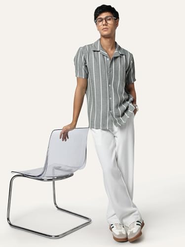 Image of Urbano Fashion Men's Cotton Half Sleeve Relaxed Fit Linen Striped Shirt with Cuban Collar