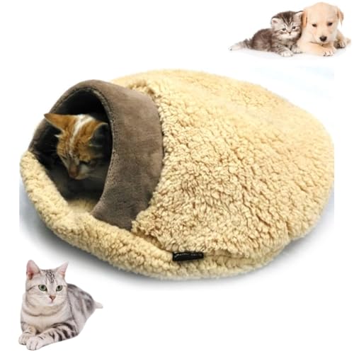 JCATPD Cat Sleeping Bag, Cat Winter Sleeping Bag for Indoor Cats, Self Warming Bed Cave, Semienclosed Soft Plush Large Cats Sack Covered Bed with Cave for Kitten Puppy (Brown, M-23.6x19.7x6.3in)