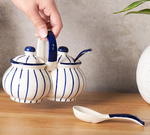 Image of Niyara Multipurpose Storage Ceramic Pickle set Jars & with Lid & tray (Set of 2, 300 ML) (Blue line design)