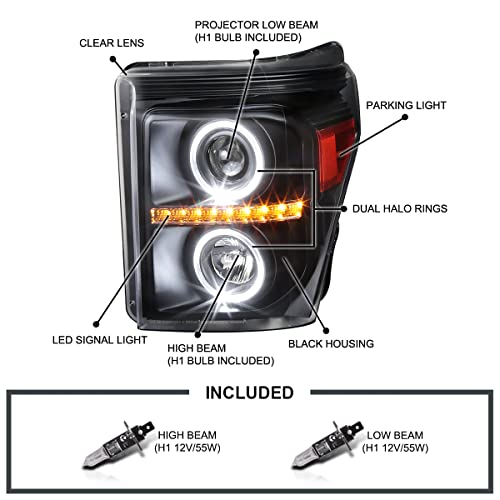 SPEC-D TUNING Black LED Halo Projector Headlights Compatible with 2011-2016 Ford F250/F350/F450/F550 Super Duty, Left + Right Pair Headlamps Assembly - Image 4