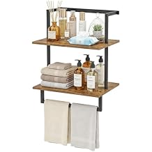 Wall Mounted Towel Rack for Bathroom, Bath Storage Holder 3-Tier Steel Wood Towel Shelf with Bar, Rustic Brown