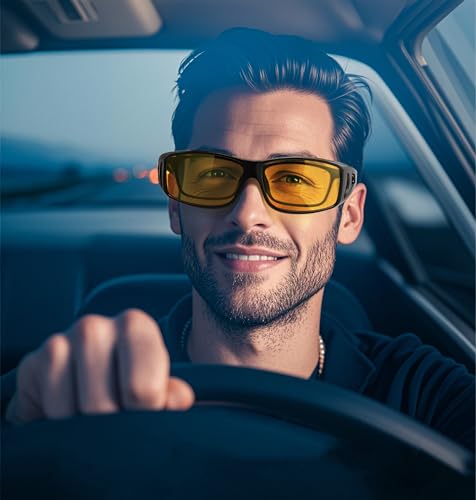 EYGIFT Night Vision Driving Glasses Fit Over Sunglasses for Men Women Wrap Around Anti Glare Nighttime HD Yellow Lens2