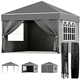 ISE Pavillon 3x3 mit Seitenwänden, Faltpavillon stabil inkl.Tragtasche, Pavillion klappbar 3x3m UV-Schutz 50+,Partyzelt höhenverstellbar für Garten,Grau