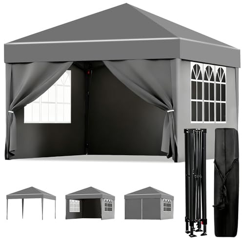 ISE Pavillon 3x3 mit Seitenwänden, Faltpavillon stabil inkl.Tragtasche, Pavillion klappbar 3x3m UV-Schutz 50+,Partyzelt höhenverstellbar für Garten,Grau