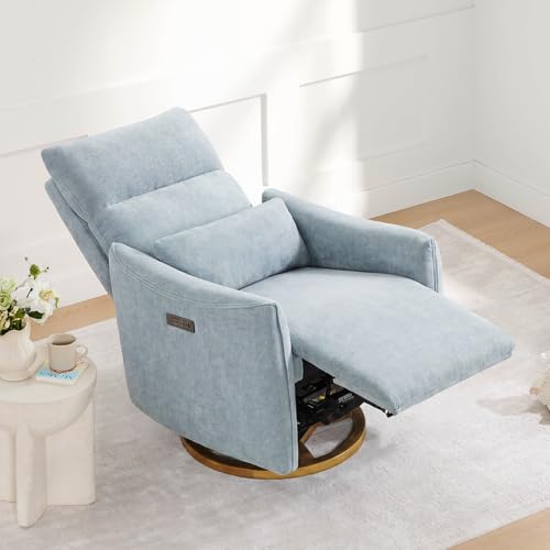 Image of CHITA Power Swivel Glider Recliner Chair, Nursery Glider, Baby Blue | Nursery Rocking Chair with Adjustable Power Headrest, FSC Certified Solid Wood Base for Living Room