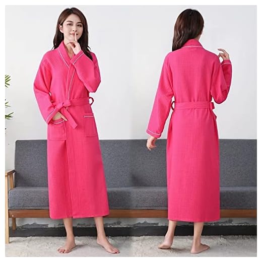 HKVML Kvinnors Morgonrock,Våffelbadrock Badrock i bomull Kimono med skärp Solid V-hals sovkläder, Rose Red, XL