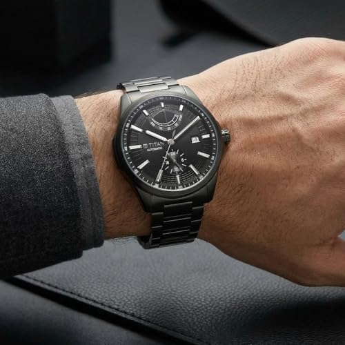 Image of Titan Aion Concealed Automatic Analog with Power Reserve Indicator and Black Dial Black Stainless Steel Strap Watch for Men - 90224QM01