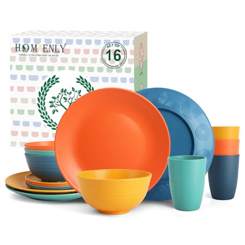 Image of Homienly Dish Set Wheat Straw Dinnerware Sets Unbreakable Reusable Dinnerware Set 16 PCS Cups Plates and Bowls Sets, Microwave and Dishwasher Safe Dishes for Camping, Outdoor - Colorful