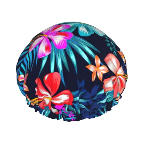 Gorro de ducha de doble capa con estampado floral azul, reutilizable, ligero, suave y ajustable para mujeres y hombres