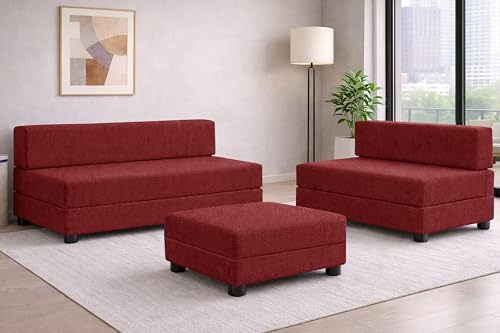Image of Rosebell 3+2 Convertible Leg Sofa Cum Bed Set with Ottoman - Foldable Modular Seating & Sleeper - Space Saving Living Room Furniture - Jute Fabric-Red