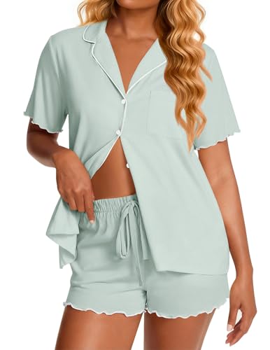 Image of Ekouaer Viscose from Bamboo Women Pajama Sets Button Up Cooling Pjs Short Sleeve Ruffle Sleepwear 2 Piece Lounge Shorts Set