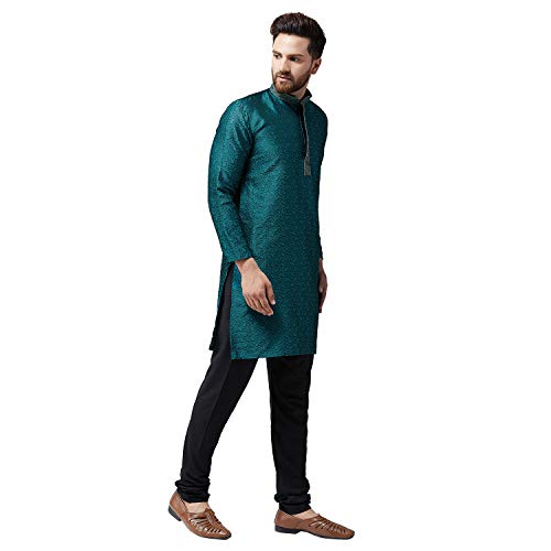 Image of SOJANYA (Since 1958 Mens Maroon Jacquard Silk Kurta and Black Churidaar Pyjama Set