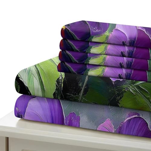 Housse de couette 200x200 fleurs violettes avec 2 taies drap microfibre lit double