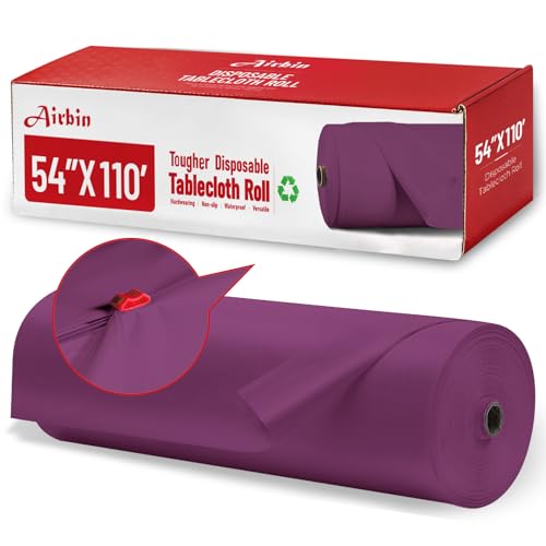 Image of Plastic Table Cloth, 110 Ft X 54 in Plastic Table Cloth Disposable Purple Tablecloth with Any Cut Sliding Cutters Premium PEVA Disposable Tablecloth for Picnics, Parties, Birthdays, Festivals