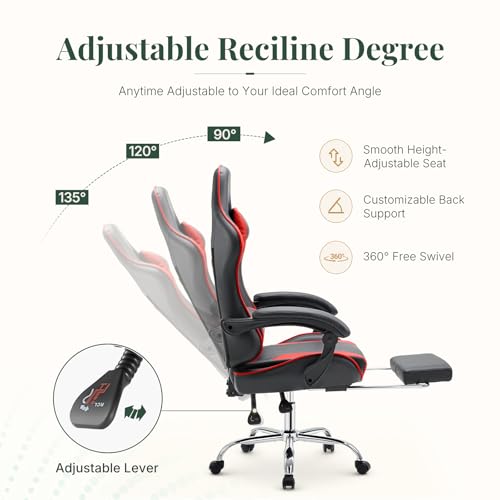 Image of Computer Gaming Chair with Footrest, Ergonomic High Back PU Leather Video Game Chair with Adjustable Headrest & Lumbar Support, Racing for Office and Home, Red