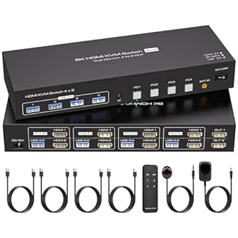 4 Port Dual Monitor HDMI KVM Switch for Four PCs with 8K@60Hz and 4K@120Hz Support