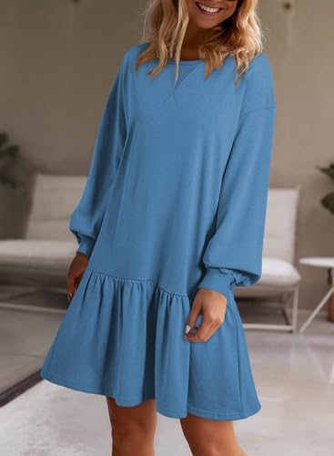 BLENCOT Womens Sweatshirt Dresses Long Sleeve Crewneck Early Fall Ribbed Knit Ruffle Hem Loose Pullover Casual Outdoor Mini Tennis Athletic Dress Blue Small — view 2