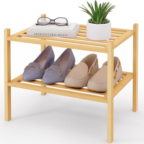 Image of Smiry Bamboo Shoe Rack, 5 Horizontal Slats, 2 Tier - 17.3 inch Wide, Natural