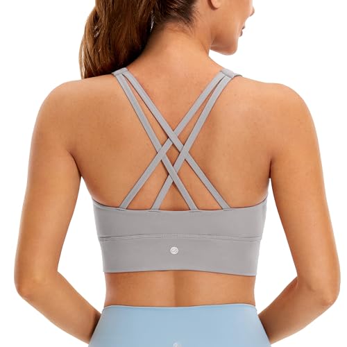 Image of CRZ YOGA Womens Butterluxe Strappy High Neck Longline Sports Bra - Wireless Criss Cross Back Padded Workout Cropped Top