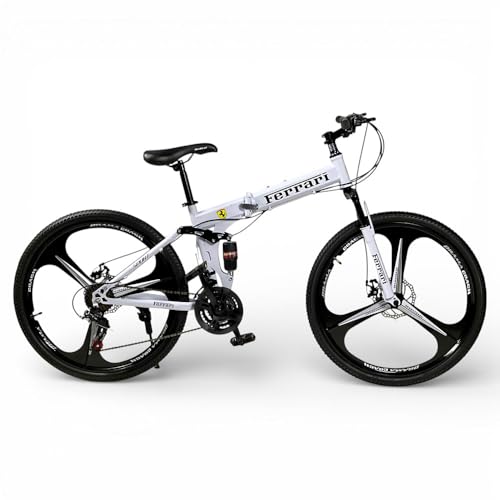 ALBADER 26-Inch Foldable Sports Bicycle 21-Speed Mountain Bike with Shimano Gears Front and Rear Suspension Folding Frame Air Tires Strong Brakes Multi-Speed Bike for Daily Use (White)